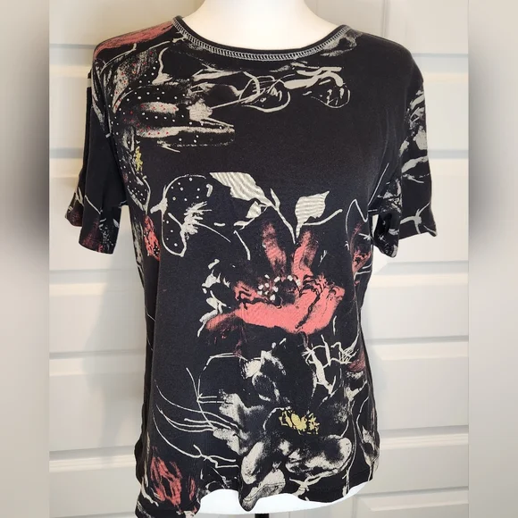 Jess & Jane Embelished Short Sleeve Cotton Blouse Shirt Rhinestone Floral Sz M - Picture 2 of 11